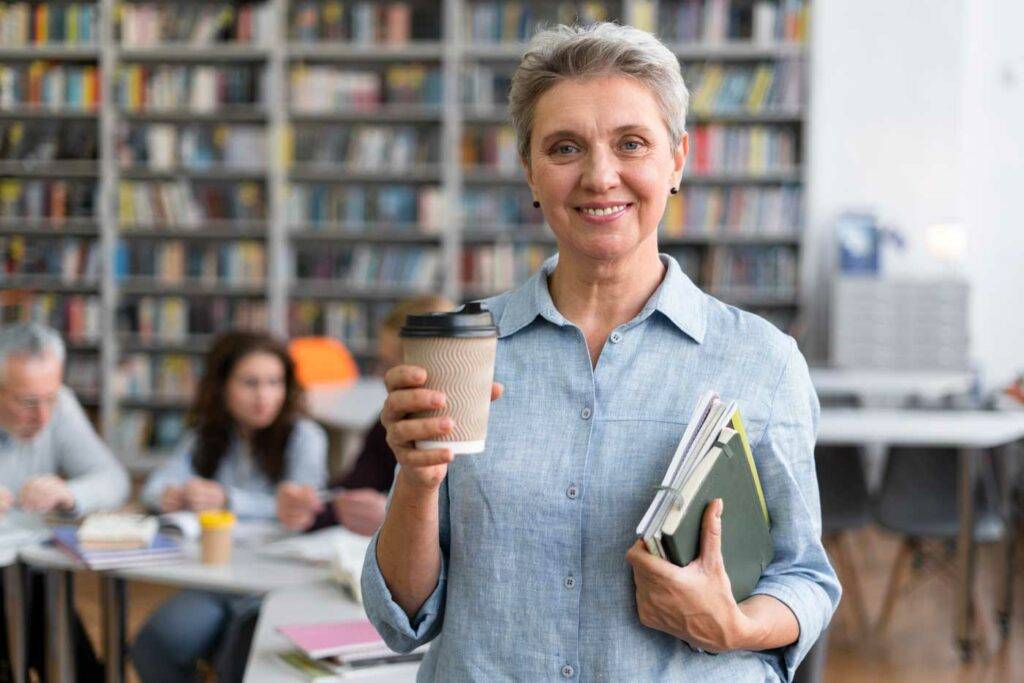 Lehrerin hält einen Coffee-to-go Becher und Unterlagen in der Bibliothek – Stellenangebote in Dresden