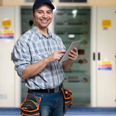 Hausmeister Elektriker Job Dresden Freundlicher Hausmeister oder Elektriker mit Tablet steht vor einem Schaltschrank – Handwerkerjob an Schulen in Dresden